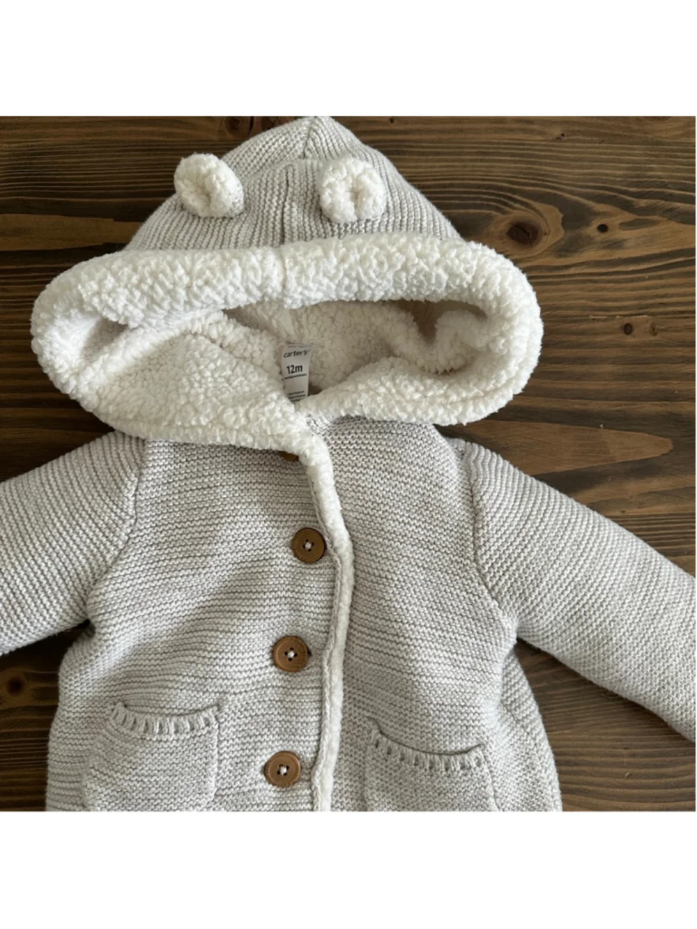 Carter’s Hooded Cardigan 12M Gray Sherpa Bear Ear Baby Sweater